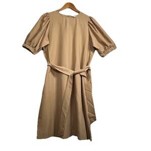 Aware by Vero Moda Lucinda Puff‑Sleeve Tie‑Waist Dress Tan Linen Blend M